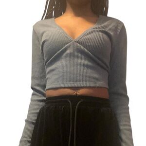 Women's Blue Ribbed Long Sleeve Top